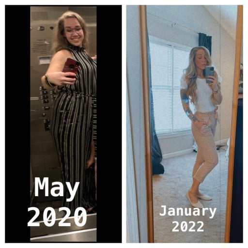 A picture of a 5'9" female showing a weight loss from 200 pounds to 155 pounds. A net loss of 45 pounds.