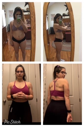 A before and after photo of a 5'3" female showing a weight reduction from 145 pounds to 18 pounds. A net loss of 127 pounds.