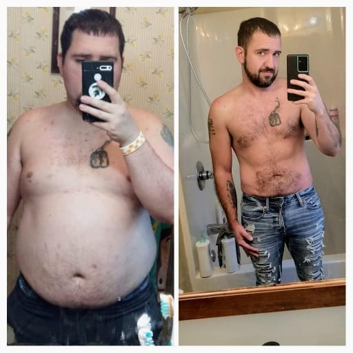 A picture of a 5'10" male showing a weight loss from 260 pounds to 159 pounds. A total loss of 101 pounds.