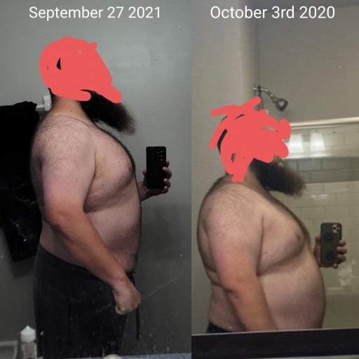 A progress pic of a 6'1" man showing a fat loss from 350 pounds to 290 pounds. A net loss of 60 pounds.