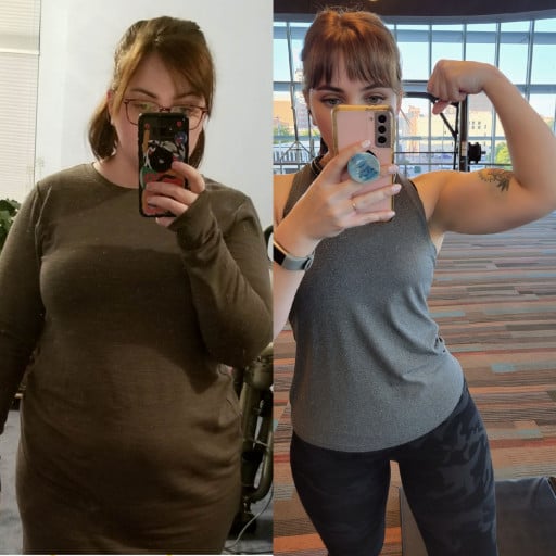 A progress pic of a 5'2" woman showing a fat loss from 210 pounds to 140 pounds. A net loss of 70 pounds.