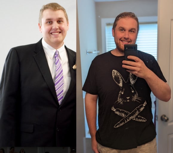 A before and after photo of a 6'5" male showing a weight reduction from 320 pounds to 260 pounds. A total loss of 60 pounds.