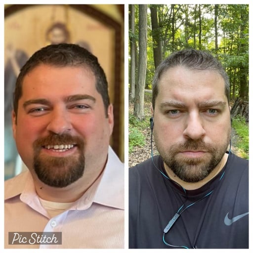 A picture of a 6'2" male showing a weight loss from 300 pounds to 268 pounds. A net loss of 32 pounds.