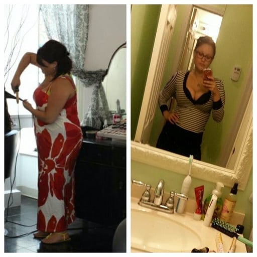 A before and after photo of a 5'5" female showing a weight cut from 260 pounds to 160 pounds. A respectable loss of 100 pounds.