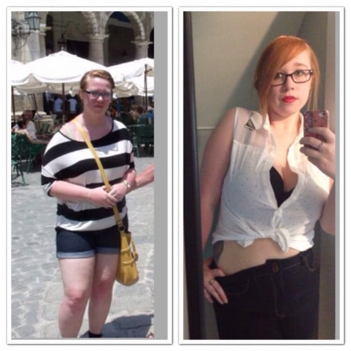 A picture of a 5'8" female showing a weight loss from 210 pounds to 173 pounds. A total loss of 37 pounds.