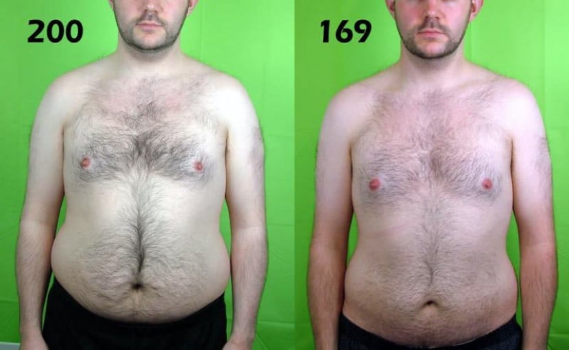 A photo of a 5'8" man showing a weight cut from 200 pounds to 169 pounds. A total loss of 31 pounds.