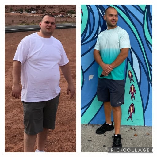 A picture of a 5'10" male showing a weight loss from 309 pounds to 185 pounds. A respectable loss of 124 pounds.