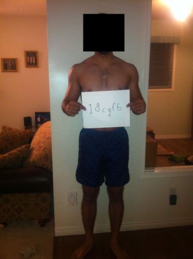 A before and after photo of a 5'8" male showing a snapshot of 150 pounds at a height of 5'8