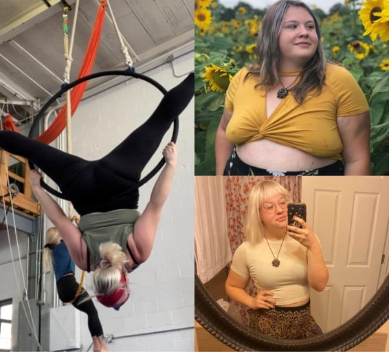 A picture of a 5'5" female showing a weight loss from 303 pounds to 193 pounds. A net loss of 110 pounds.