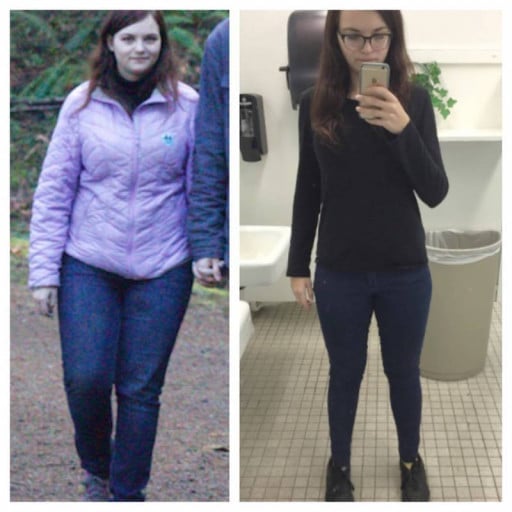 A before and after photo of a 5'5" female showing a weight reduction from 180 pounds to 130 pounds. A net loss of 50 pounds.