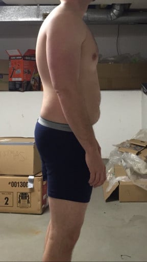 A before and after photo of a 5'11" male showing a snapshot of 195 pounds at a height of 5'11