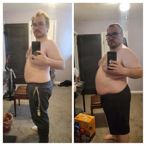 A picture of a 5'8" male showing a weight loss from 298 pounds to 227 pounds. A respectable loss of 71 pounds.