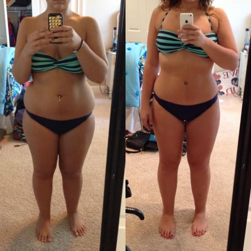A before and after photo of a 5'3" female showing a weight cut from 178 pounds to 163 pounds. A respectable loss of 15 pounds.