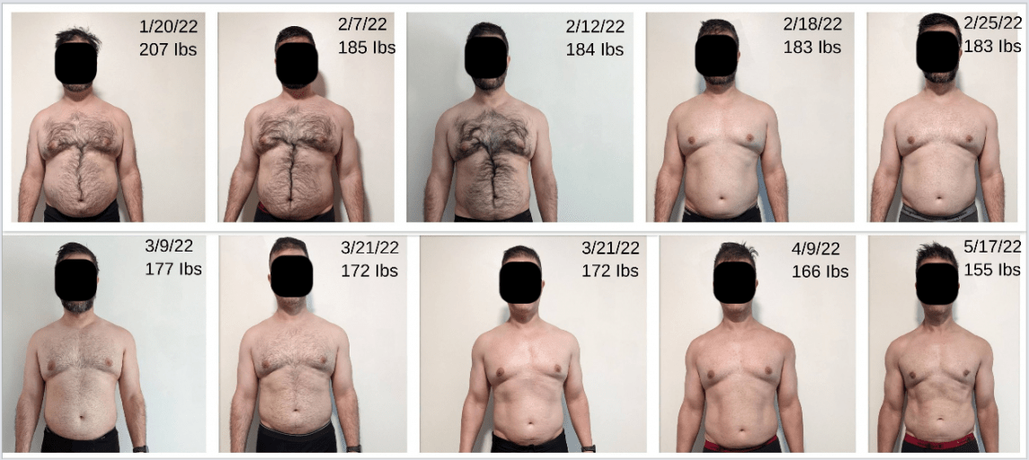 Before and After 52 lbs Fat Loss 5 feet 7 Male 207 lbs to 155 lbs
