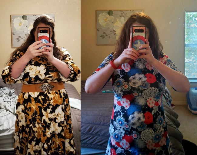 A progress pic of a 5'9" woman showing a fat loss from 230 pounds to 177 pounds. A net loss of 53 pounds.