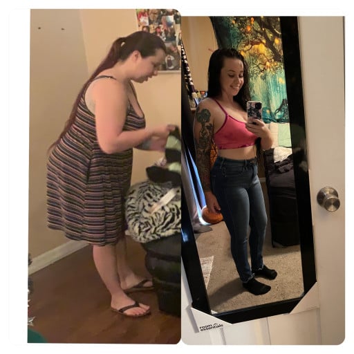 A progress pic of a 5'0" woman showing a fat loss from 161 pounds to 115 pounds. A net loss of 46 pounds.