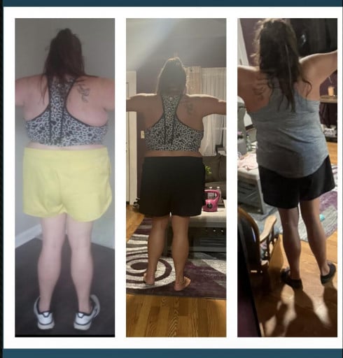 A progress pic of a 5'7" woman showing a fat loss from 322 pounds to 226 pounds. A total loss of 96 pounds.