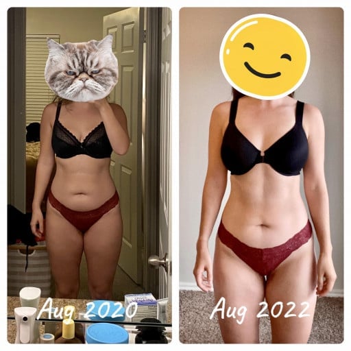 A before and after photo of a 5'7" female showing a weight reduction from 160 pounds to 145 pounds. A net loss of 15 pounds.