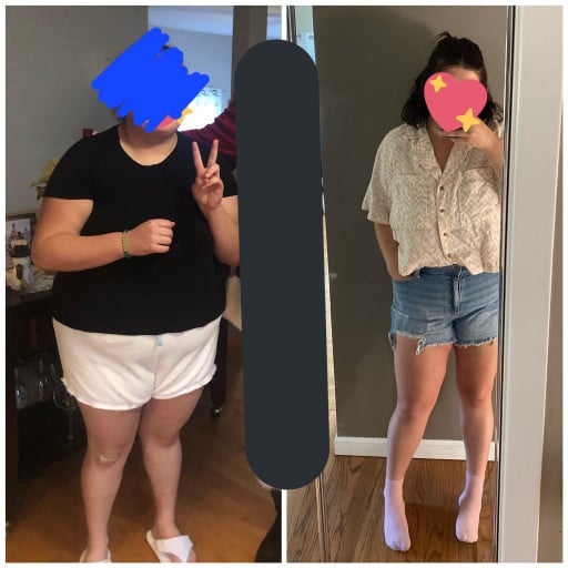 A photo of a 5'6" woman showing a weight cut from 285 pounds to 215 pounds. A net loss of 70 pounds.