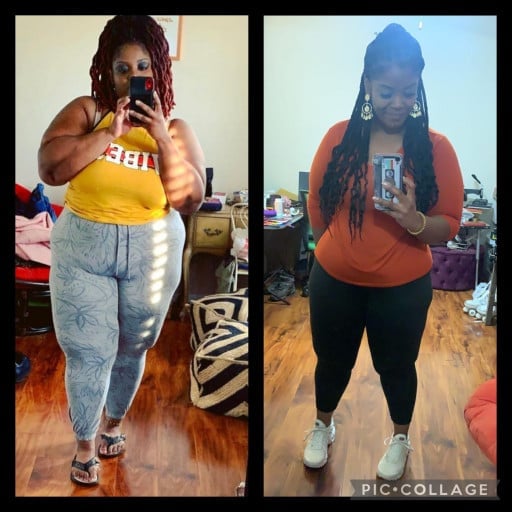 A progress pic of a 5'3" woman showing a fat loss from 336 pounds to 118 pounds. A respectable loss of 218 pounds.