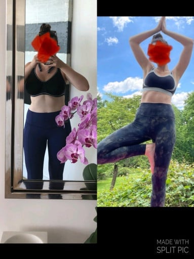 A before and after photo of a 5'8" female showing a weight reduction from 164 pounds to 143 pounds. A total loss of 21 pounds.