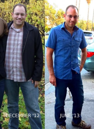 A photo of a 5'10" man showing a weight cut from 210 pounds to 165 pounds. A net loss of 45 pounds.