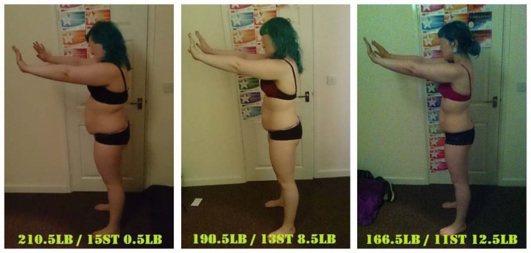 A photo of a 5'7" woman showing a weight reduction from 210 pounds to 166 pounds. A respectable loss of 44 pounds.