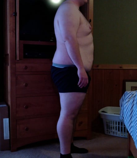 A before and after photo of a 5'10" male showing a snapshot of 273 pounds at a height of 5'10