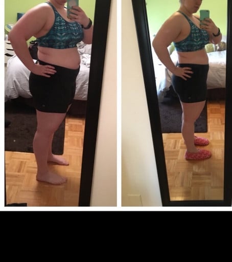 A before and after photo of a 5'5" female showing a weight reduction from 209 pounds to 196 pounds. A respectable loss of 13 pounds.