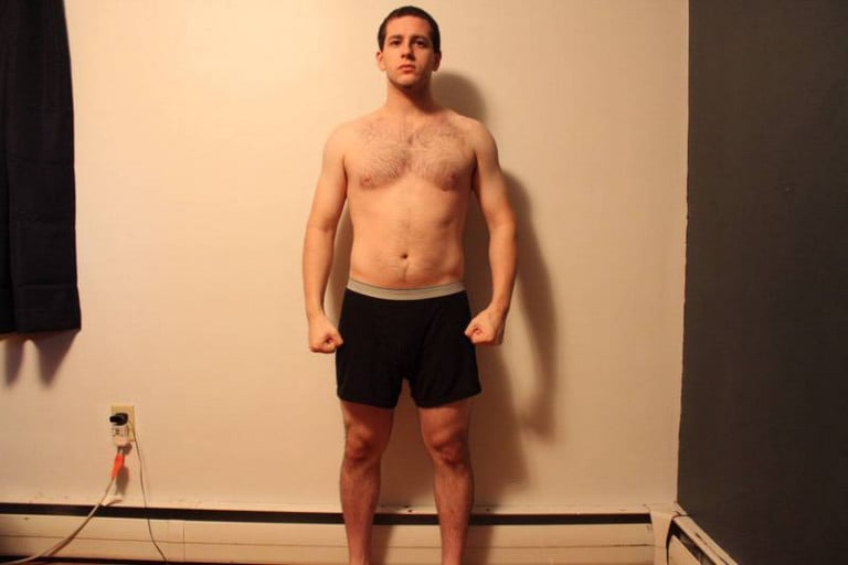 A before and after photo of a 5'7" male showing a snapshot of 164 pounds at a height of 5'7