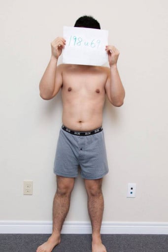 A before and after photo of a 5'4" male showing a snapshot of 141 pounds at a height of 5'4