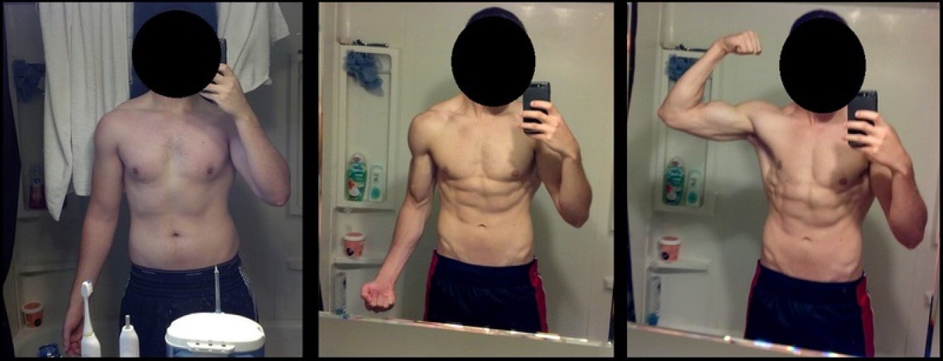 A progress pic of a 5'8" man showing a fat loss from 165 pounds to 135 pounds. A net loss of 30 pounds.