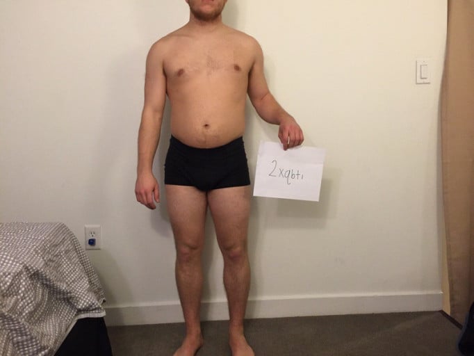 A progress pic of a 5'4" man showing a snapshot of 161 pounds at a height of 5'4