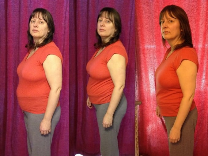 A progress pic of a 5'2" woman showing a weight reduction from 171 pounds to 155 pounds. A total loss of 16 pounds.