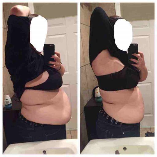 A picture of a 5'7" female showing a weight loss from 275 pounds to 244 pounds. A net loss of 31 pounds.