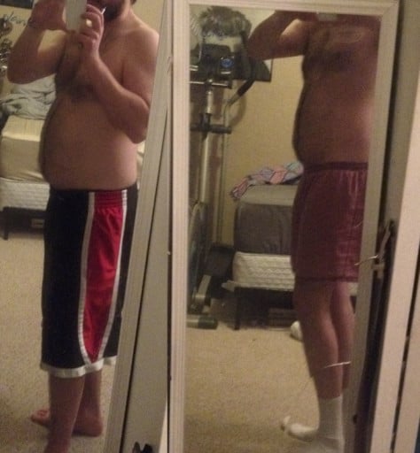 A before and after photo of a 5'7" male showing a weight reduction from 202 pounds to 180 pounds. A respectable loss of 22 pounds.