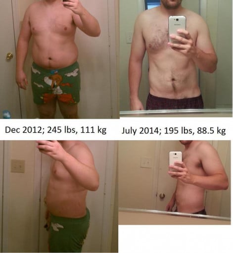 A progress pic of a 5'10" man showing a weight reduction from 245 pounds to 195 pounds. A total loss of 50 pounds.