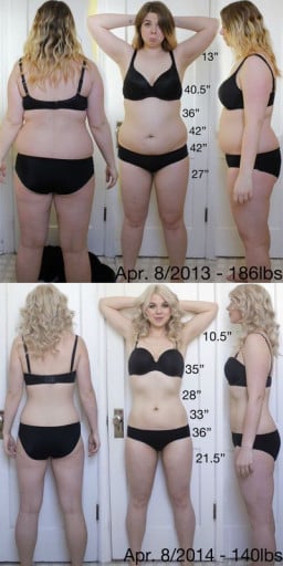 A before and after photo of a 5'6" female showing a weight reduction from 186 pounds to 140 pounds. A respectable loss of 46 pounds.