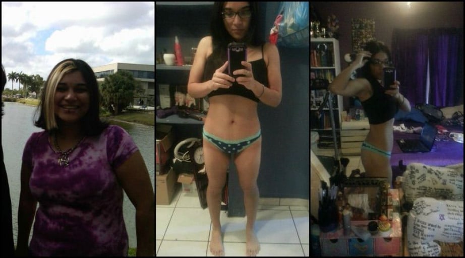 A before and after photo of a 5'2" female showing a weight reduction from 160 pounds to 113 pounds. A respectable loss of 47 pounds.