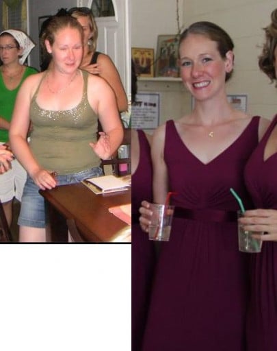 A before and after photo of a 5'7" female showing a weight reduction from 170 pounds to 130 pounds. A total loss of 40 pounds.