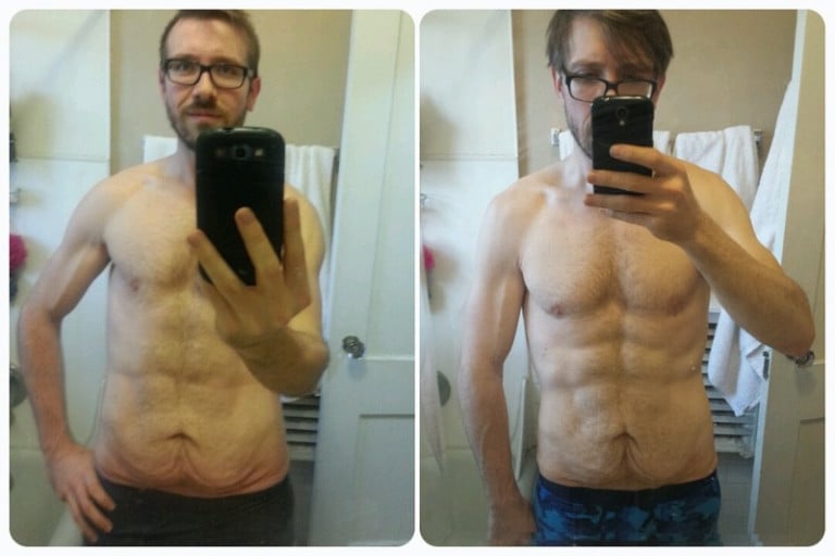 A before and after photo of a 6'0" male showing a snapshot of 175 pounds at a height of 6'0