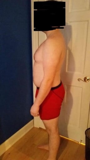A before and after photo of a 5'8" male showing a snapshot of 195 pounds at a height of 5'8