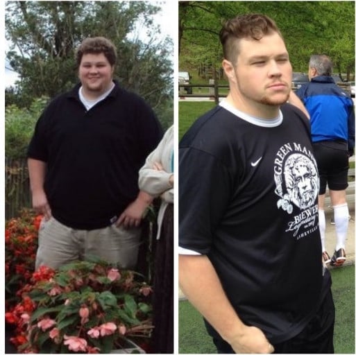 A before and after photo of a 5'10" male showing a weight reduction from 375 pounds to 230 pounds. A total loss of 145 pounds.