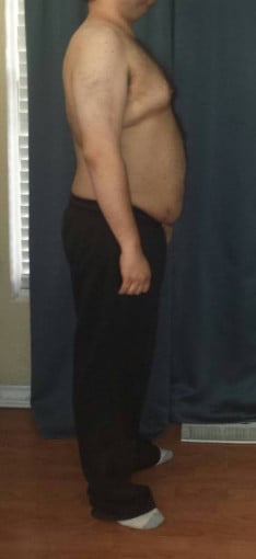 A before and after photo of a 5'7" male showing a weight loss from 248 pounds to 175 pounds. A net loss of 73 pounds.