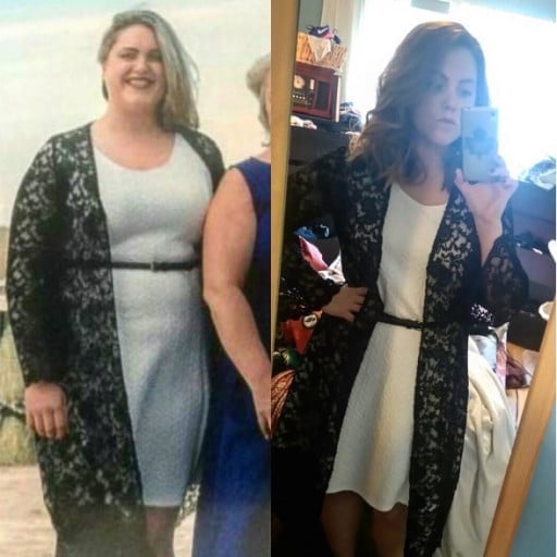 A progress pic of a 5'4" woman showing a fat loss from 235 pounds to 180 pounds. A total loss of 55 pounds.