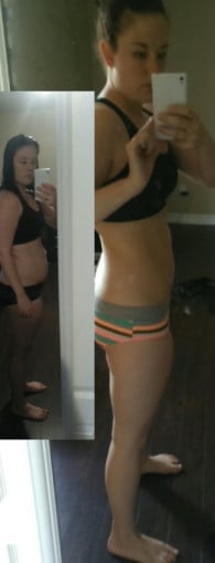 A before and after photo of a 5'7" female showing a weight loss from 176 pounds to 169 pounds. A total loss of 7 pounds.