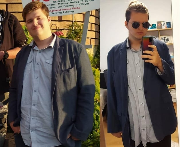 A progress pic of a 6'4" man showing a fat loss from 326 pounds to 240 pounds. A total loss of 86 pounds.
