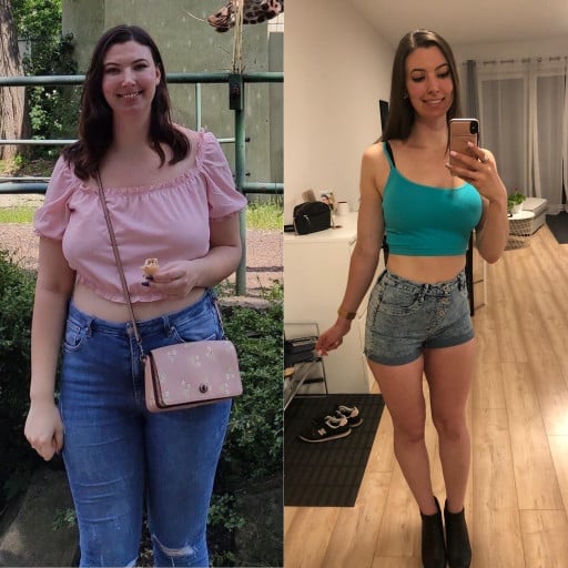 A picture of a 5'10" female showing a weight loss from 200 pounds to 148 pounds. A net loss of 52 pounds.