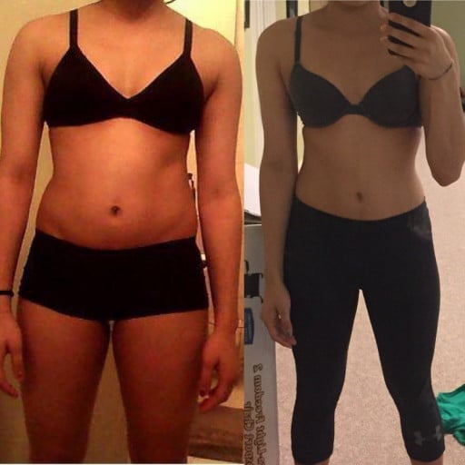 A progress pic of a 5'3" woman showing a fat loss from 128 pounds to 116 pounds. A net loss of 12 pounds.