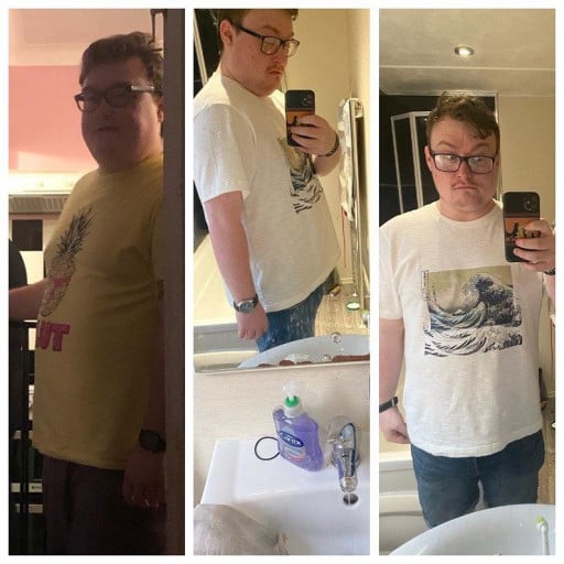 A before and after photo of a 5'8" male showing a weight reduction from 252 pounds to 222 pounds. A net loss of 30 pounds.